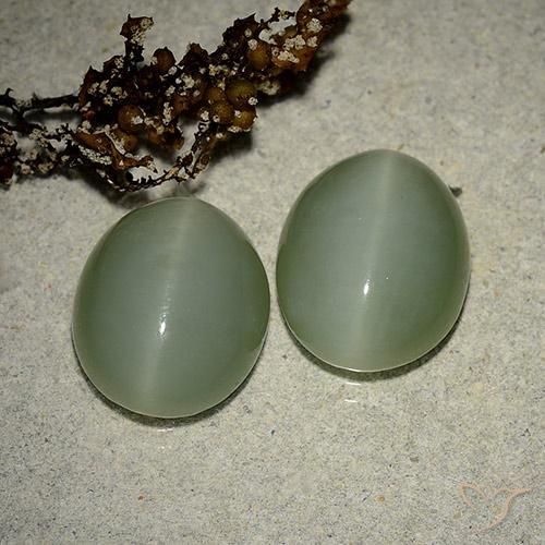 Actinolite Cat's Eye طبيعي بلون أخضر فاتح-متوسط، وزن ‎10.64‎ قيراط، شكل بيضاوى، مقاس ‎13.3x10.8‎ مم
