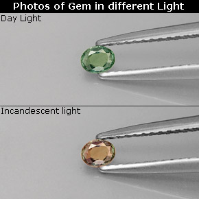 ألكسندريت طبيعي بلون أخضر/أحمر، وزن ‎0.13‎ قيراط، شكل بيضاوى، مقاس ‎3.4x2.7‎ مم