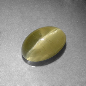 Cat's Eye Apatite طبيعي بلون أصفر أخضر، وزن ‎1.31‎ قيراط، شكل بيضاوى، مقاس ‎7.2x4.9‎ مم