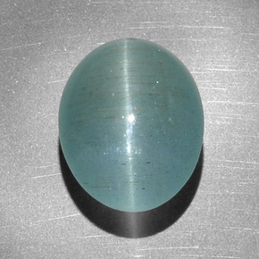 Cat's Eye Aquamarine طبيعي بلون أزرق-أخضر، وزن ‎12.68‎ قيراط، شكل بيضاوى، مقاس ‎16.1x12.4‎ مم