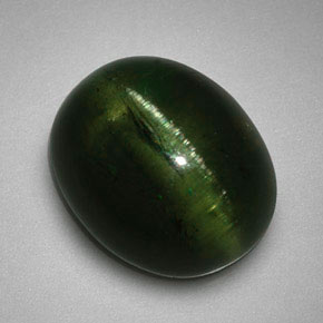 Cat's Eye Tourmaline طبيعي بلون أخضر عميق، وزن ‎5.99‎ قيراط، شكل بيضاوى، مقاس ‎12.2x10.1‎ مم