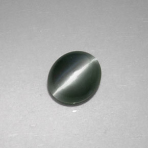 Chrysoberyl Cat's Eye طبيعي بلون أخضر، وزن ‎0.86‎ قيراط، شكل بيضاوى، مقاس ‎5.7x4.8‎ مم