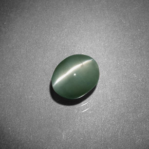 Chrysoberyl Cat's Eye طبيعي بلون أخضر، وزن ‎0.93‎ قيراط، شكل بيضاوى، مقاس ‎6x4.8‎ مم