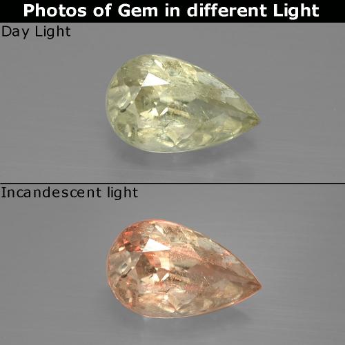 دياسبور متغير اللون طبيعي بلون أصفر فاتح، وزن ‎1.22‎ قيراط، شكل شكل الكمثرى، مقاس ‎9.1x5.6‎ مم