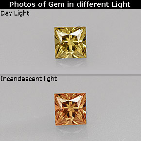 عقيق متغير اللون بنى مخضر إلى برتقالى طبيعي، مربع، 0.55 قيراط، VVS-VS