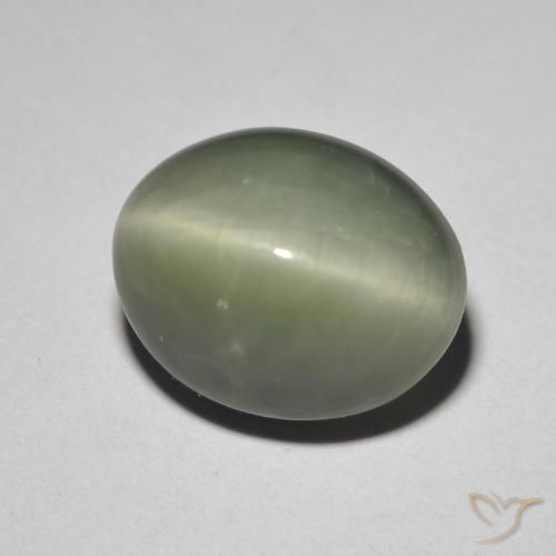 Quartz Cat's Eye طبيعي بلون أخضر رمادى، وزن ‎5.26‎ قيراط، شكل بيضاوى، مقاس ‎11.6x9.4‎ مم