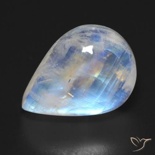 12.45ct طبيعي أبيض مزرق قوس قزح حجر القمر, شكل الكمثرى, شفاف