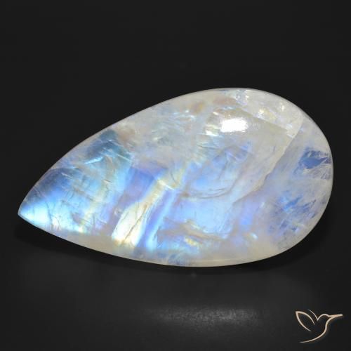 47.03ct طبيعي أبيض مزرق قوس قزح حجر القمر, شكل الكمثرى, نصف شفاف