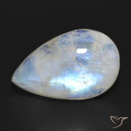 11.69ct طبيعي أبيض مزرق قوس قزح حجر القمر, شكل الكمثرى, نصف شفاف